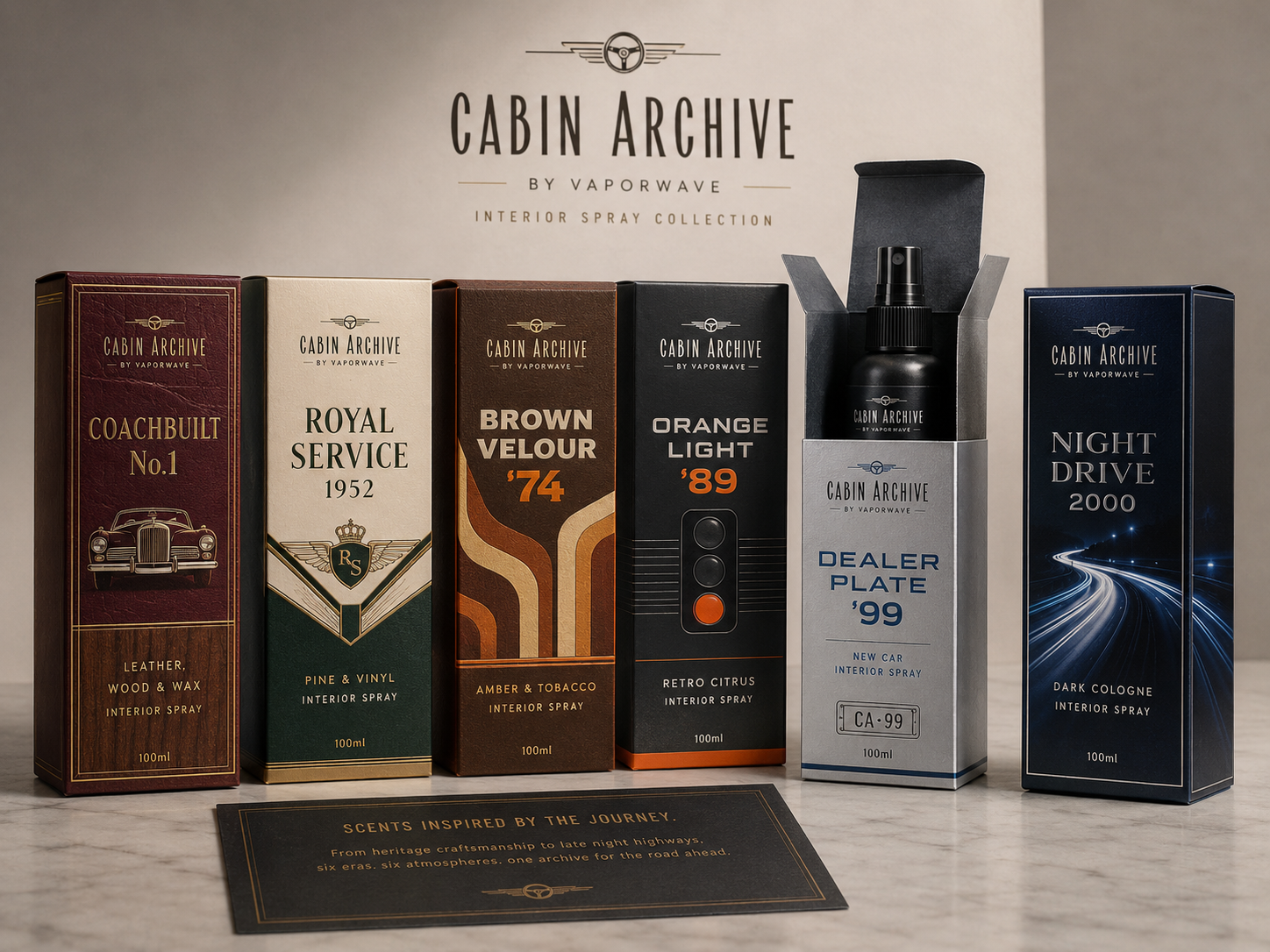 The Cabin Archive collection — six era-inspired car interior sprays in boxed packaging