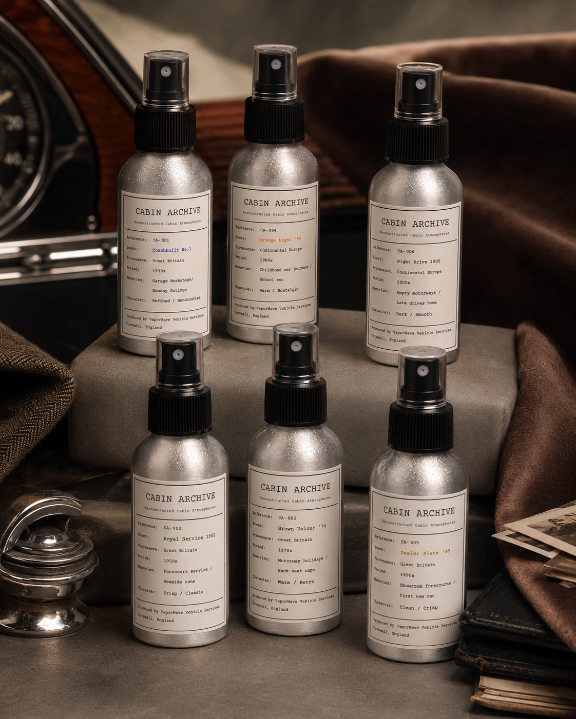 The Cabin Archive collection, six era-inspired car interior sprays in boxed packaging